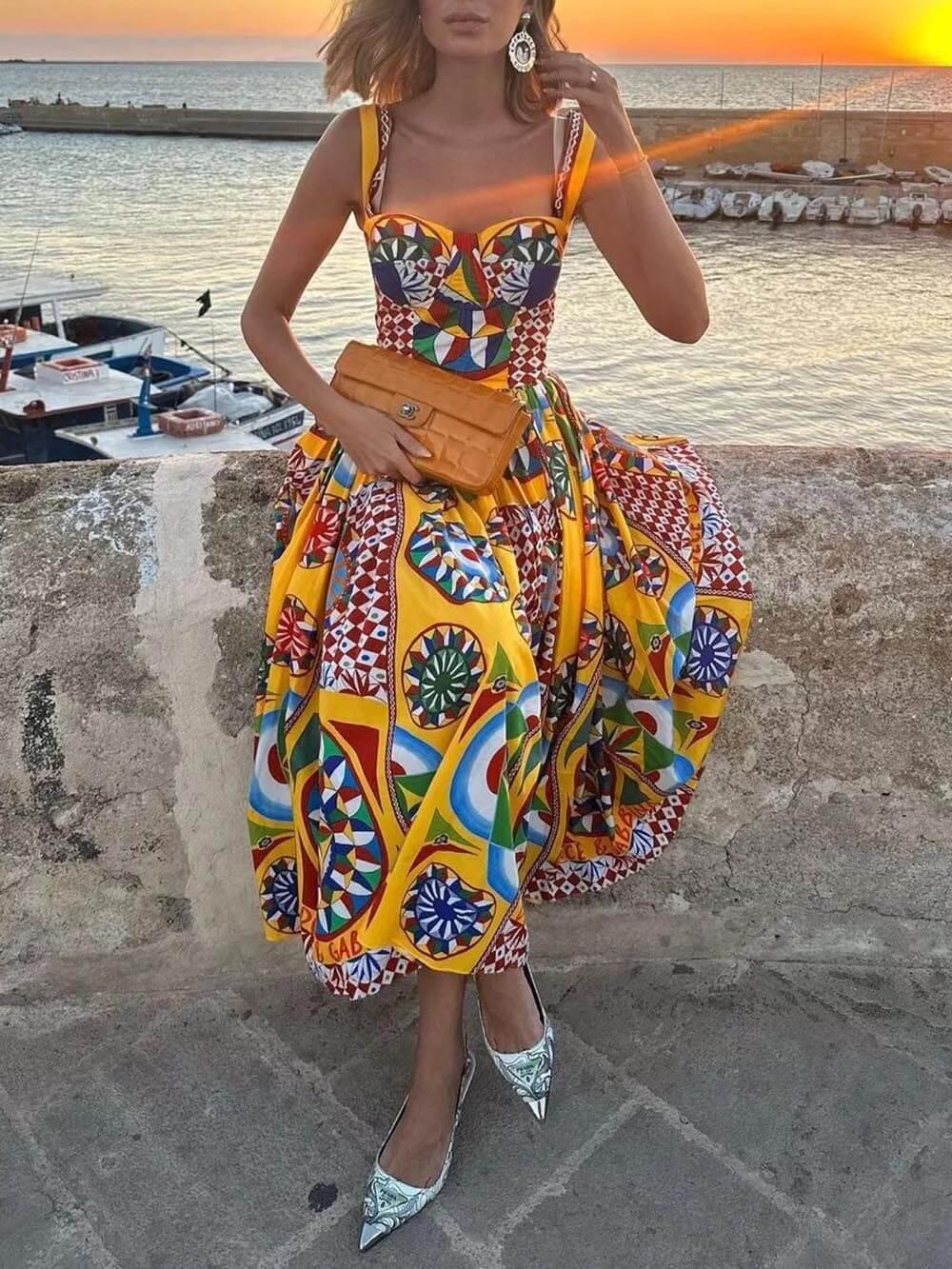 Aurohaya Unique Sunset Walk Ethnic Pattern Print Backless Midi Dress