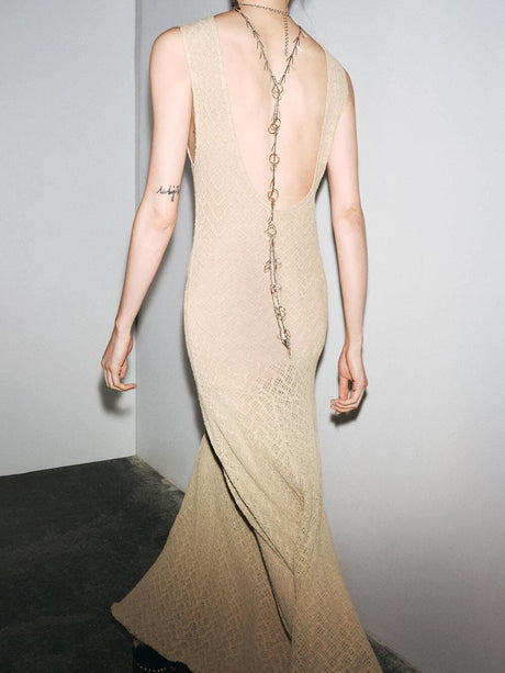 Aurohaya Elegant Lace Hook Open Back Asymmetric Hem Flared Waist Maxi Dress