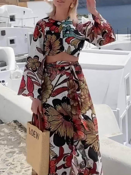 Aurohaya Unique Colorful Print Navel-Baring Lace-Up Maxi Dress