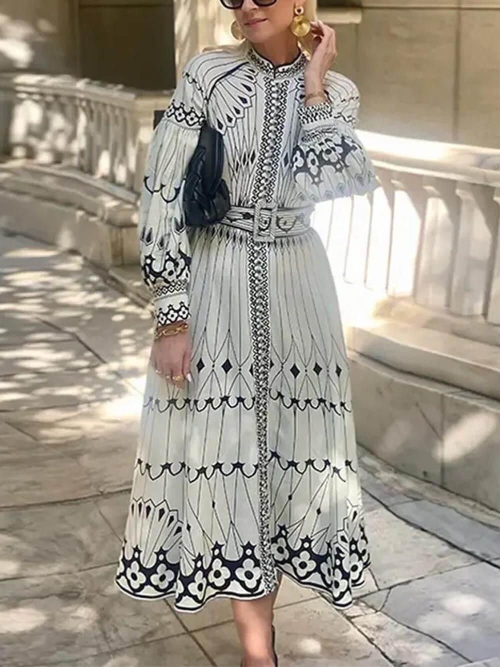 Aurohaya Vintage Casual Lantern Sleeve Floral Print Midi Dress White