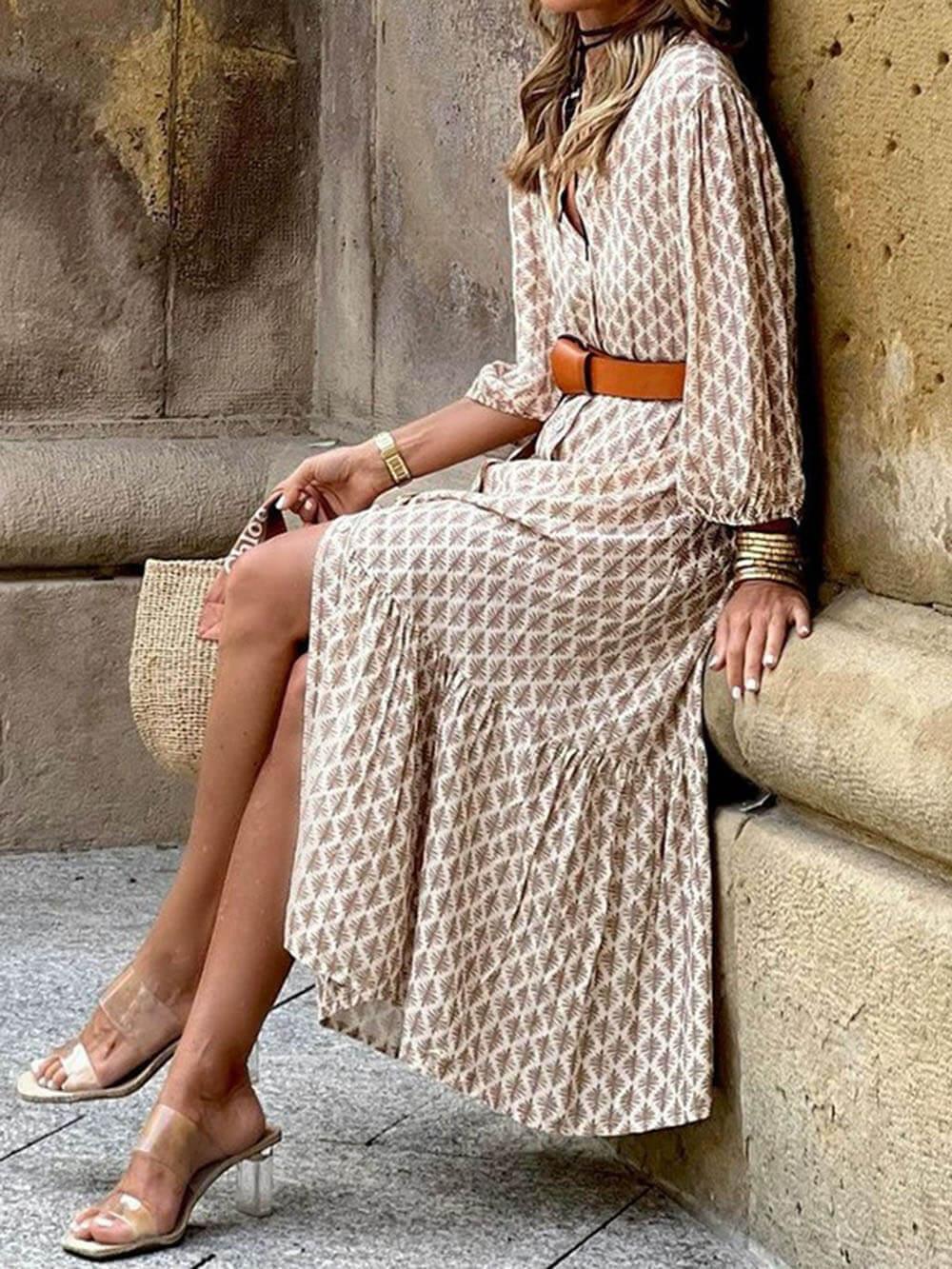 Aurohaya Unique Pattern Print V-Neck Simple Belt Midi Dress