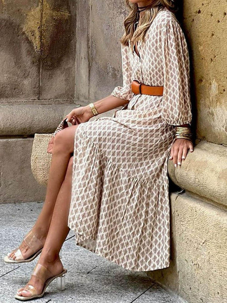 Aurohaya Unique Pattern Print V-Neck Simple Belt Midi Dress