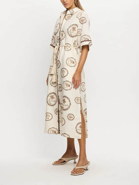 Aurohaya Modern Feel Linen Unique Ocean Print Cardigan Button Midi Dress