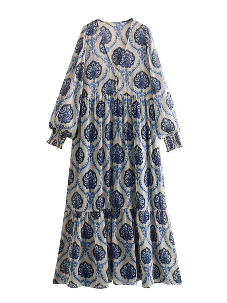 Aurohaya Classic And Unique Baroque Sheer Overlay Balloon Sleeve Maxi Dress