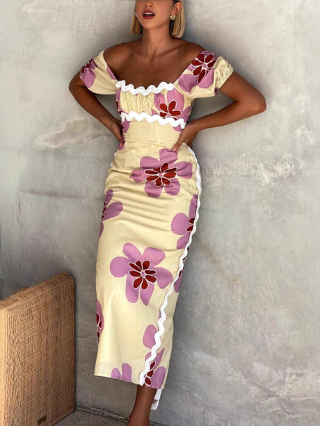 Aurohaya Casual Summer Linen Floral Print Midi Dress