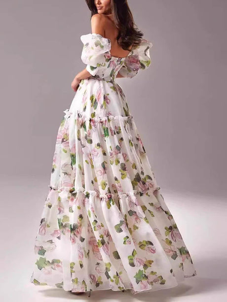 Aurohaya Elegant And Fashionable Off-Shoulder Printed Organza Evening Gown Maxi Dress