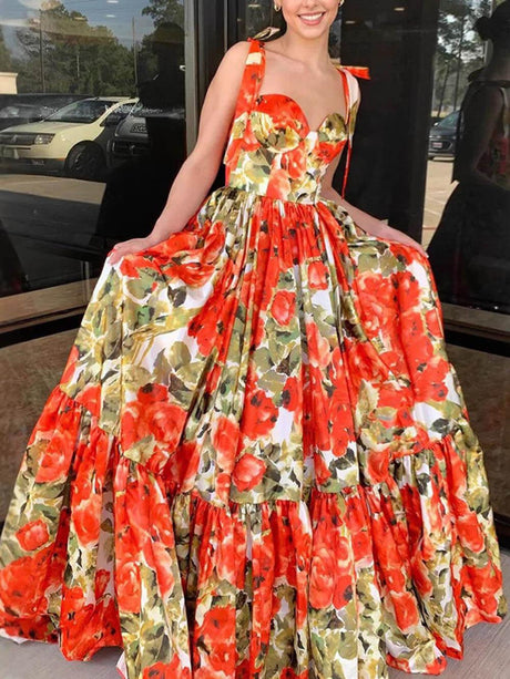 Aurohaya Elegant And Sexy Floral Print Open Back Ruffled High Tie Swing Maxi Dress