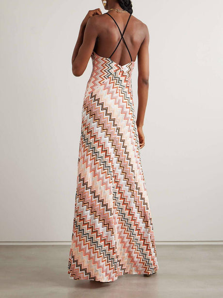 Aurohaya Elegant Crochet Printed Open Back Maxi Dress