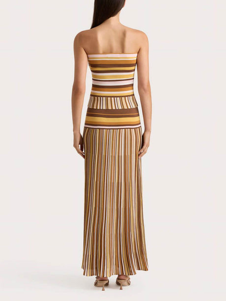 Aurohaya Exquisite Strapless Striped Printed Pleated Maxi Dress