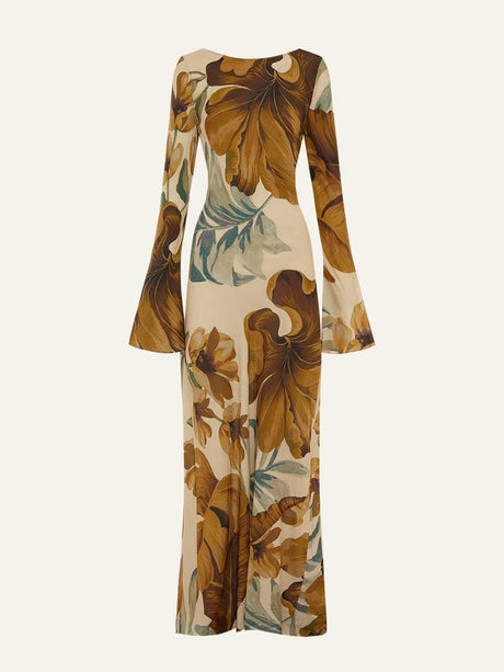 Aurohaya Simple Unique Plant Pattern Print Back Hollow Out Maxi Dress