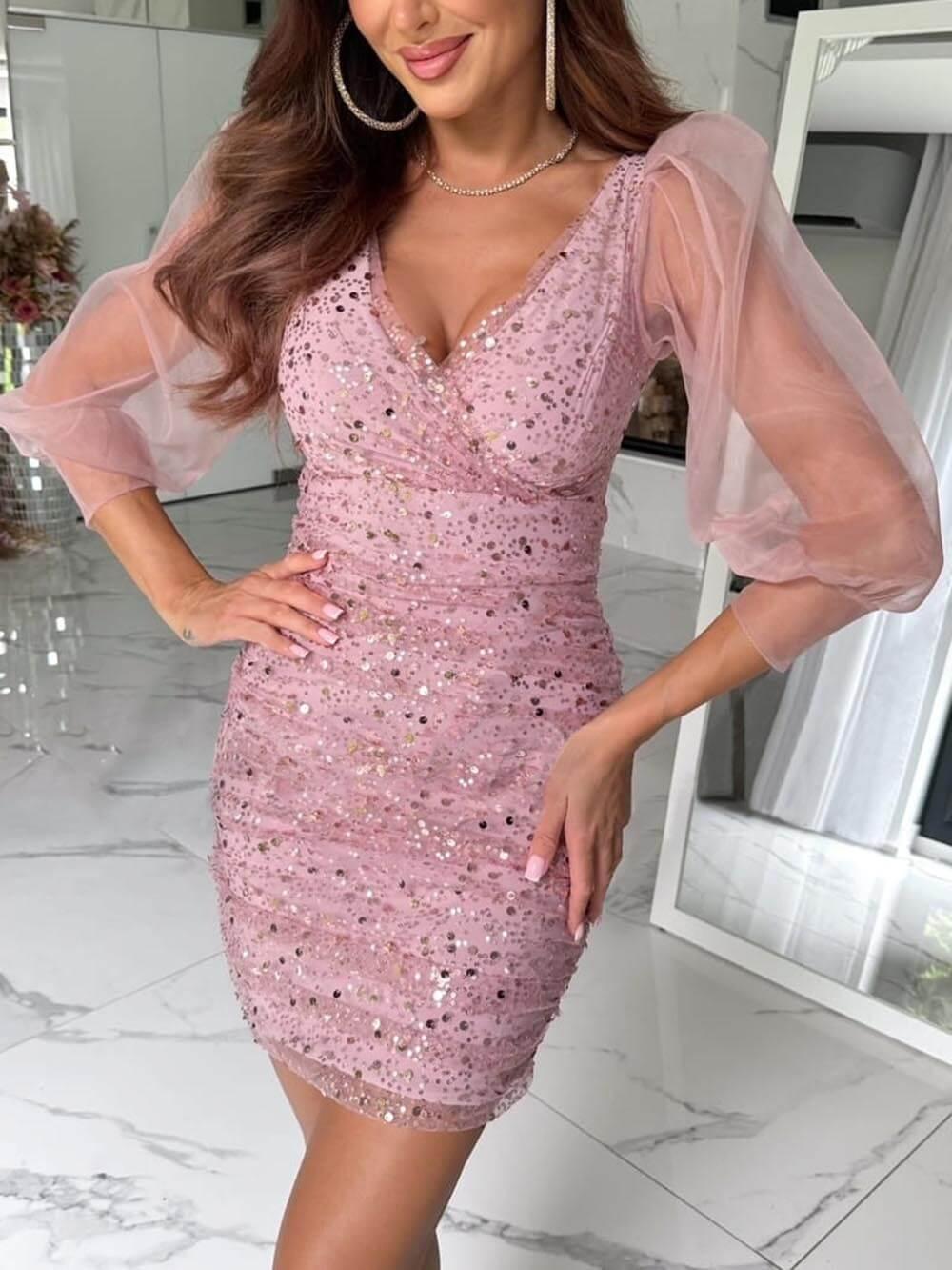 Aurohaya Exquisite And Sexy Sequin Casual Party Dress Pink