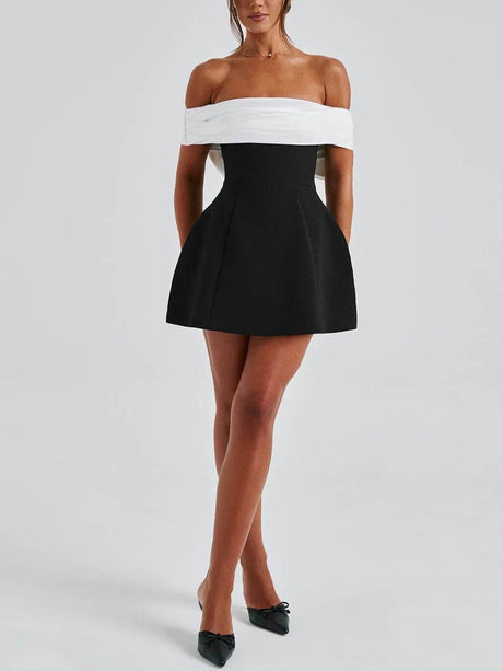 Aurohaya Elegant And Sexy One-Shoulder Contrast Bow-Decorated Dress