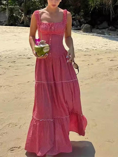 Aurohaya Vintage French Check Print Suspenders Drawstring Pleated Ruffle Maxi Dress Pink