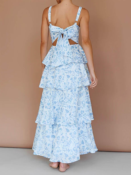 Aurohaya Fashion Sexy Floral Print Strap Layered Maxi Dress