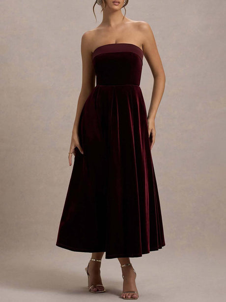 Aurohaya Elegant Center of Attention Velvet Satin Neck Bandeau Pleated Midi Dress