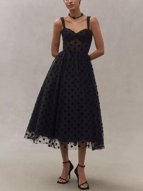 Aurohaya Exquisite Perfect Tulle Polka Dot Sweetheart Bustier A-Line Midi Dress