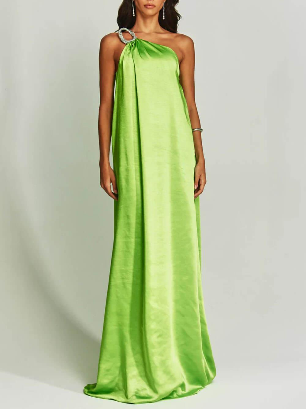 Aurohaya Exquisite Charming Glance Satin Metal Hardware One Shoulder Loose Maxi Dress Green