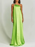 Aurohaya Exquisite Charming Glance Satin Metal Hardware One Shoulder Loose Maxi Dress Green