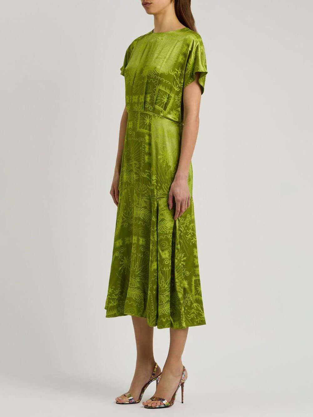 Aurohaya Elegant Satin Unique Jacquard Print Midi Dress