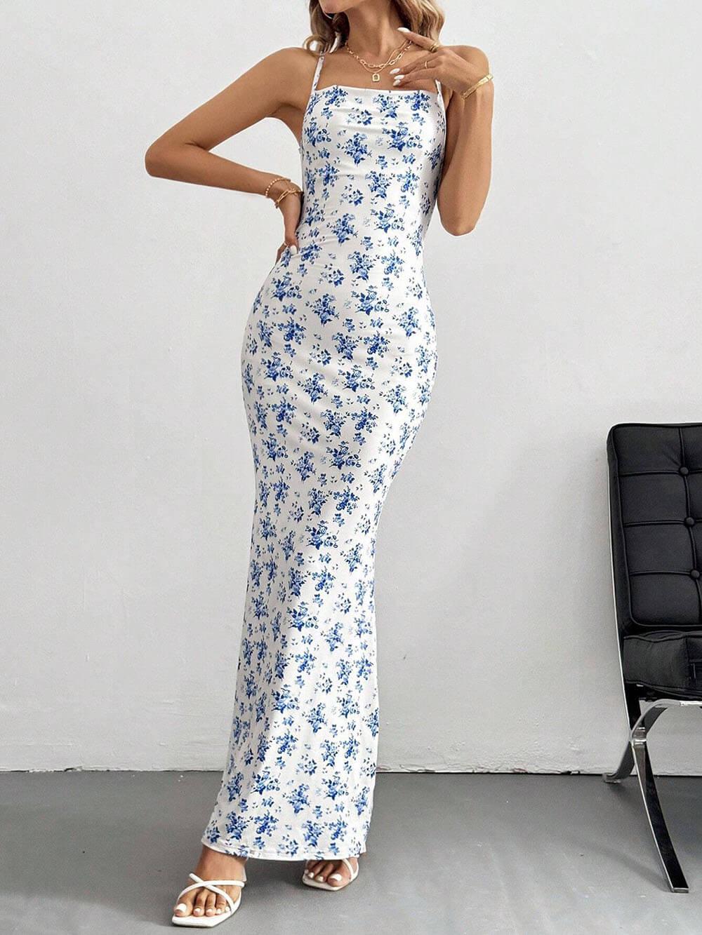 Aurohaya Sweet And Fresh Halter Back Floral Print Holiday Style Maxi Dress