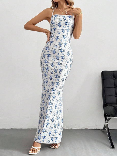 Aurohaya Sweet And Fresh Halter Back Floral Print Holiday Style Maxi Dress