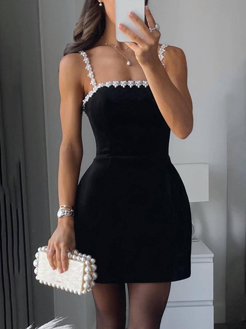 Aurohaya Classic Sweet Pearl Trim Straps Pocketed Tulip Style Mini Dress Black