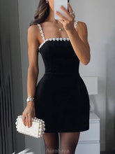 Aurohaya Classic Sweet Pearl Trim Straps Pocketed Tulip Style Mini Dress Black