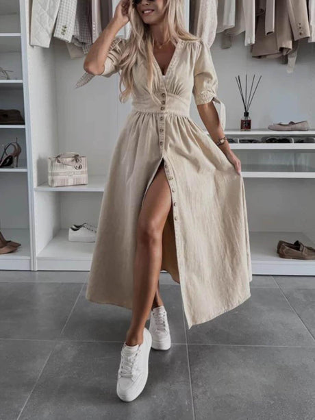 Aurohaya Unique Pleats Solid Color V-Neck Button-Down Denim Midi Dress Khaki