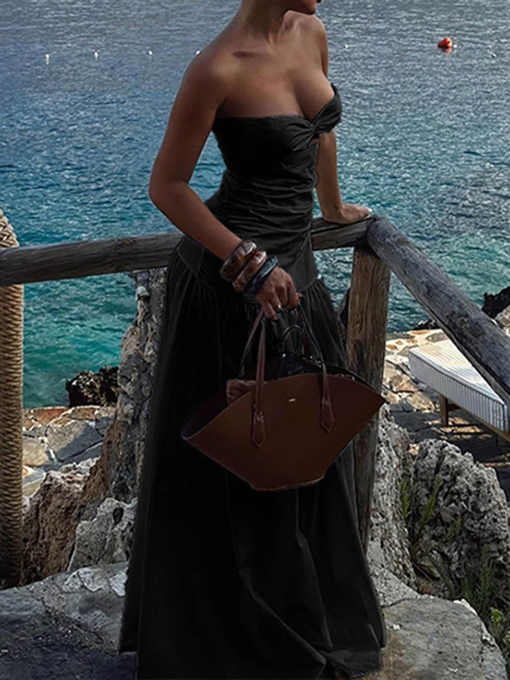 Aurohaya Sexy Beach Style Tube Top Hollow Maxi Dress Black