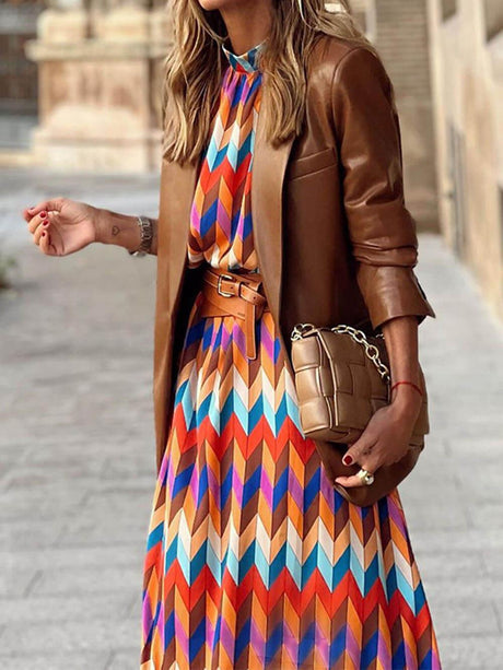 Aurohaya Fashionable And Unique Rainbow Print Stand Collar Long Sleeve Midi Dress