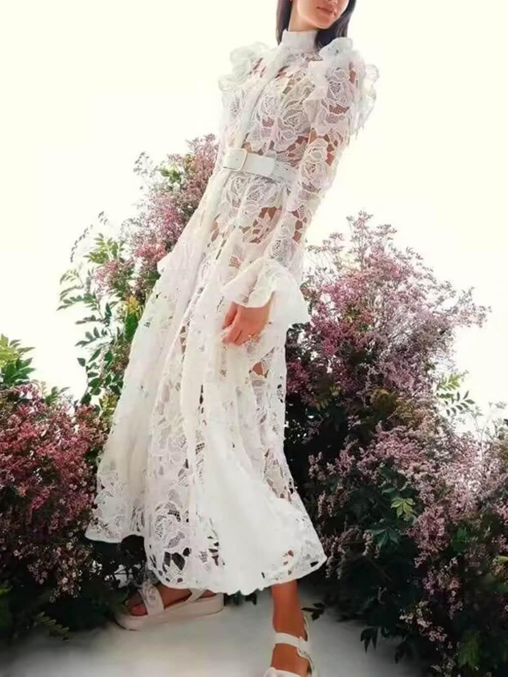 Aurohaya Elegant Hollow Lace Trumpet Sleeve Party Evening Gown Maxi Dress