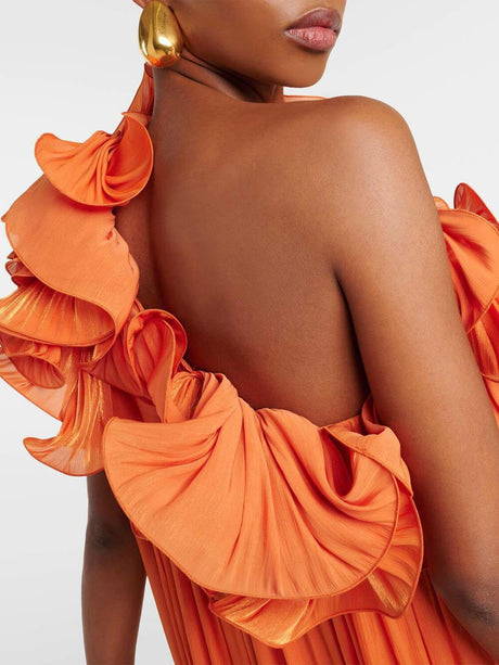 Aurohaya Romantic Moment Unique One Shoulder Applique Ruffle Pleated Dress