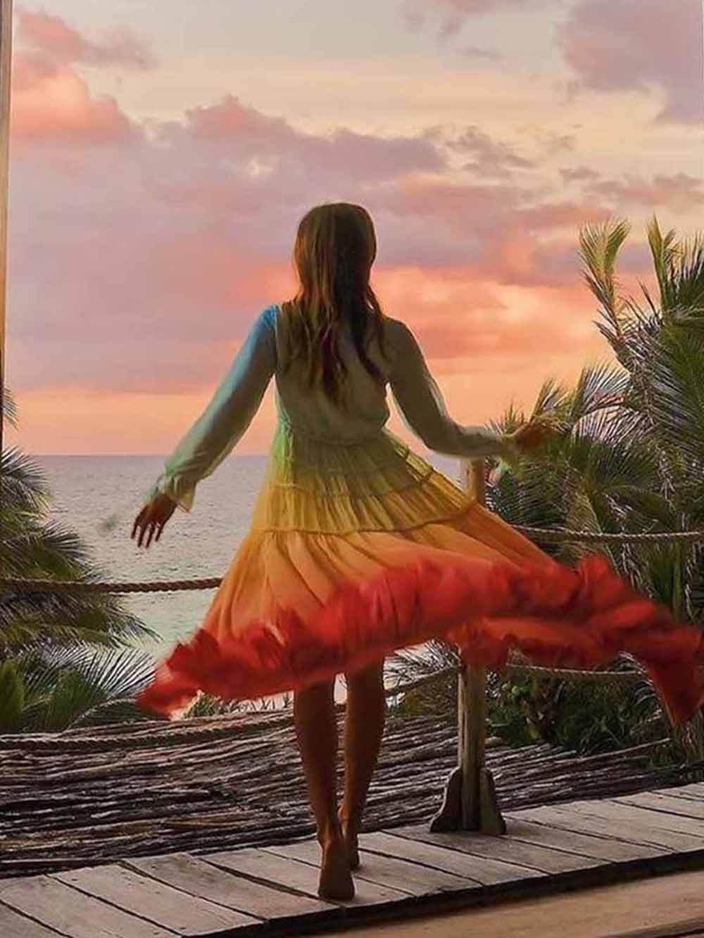 Aurohaya Unique Gradient Print Bohemian Rainbow Tiered Maxi Dress
