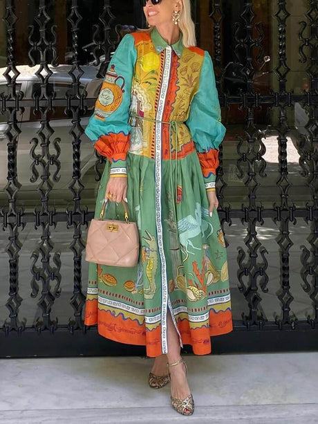 Aurohaya Unique Linen Ocean Animal Print Cardigan Belted Maxi Dress Multicolor