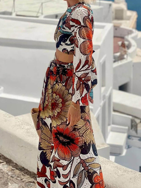 Aurohaya Unique Colorful Print Navel-Baring Lace-Up Maxi Dress