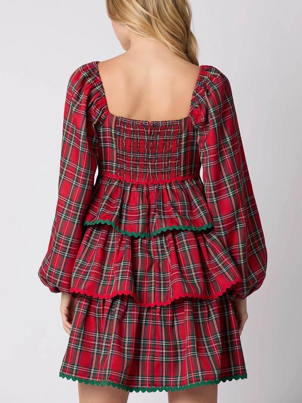 Aurohaya Christmas Plaid Long Sleeve Layered Dress