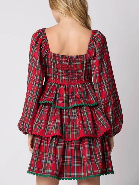 Aurohaya Christmas Plaid Long Sleeve Layered Dress