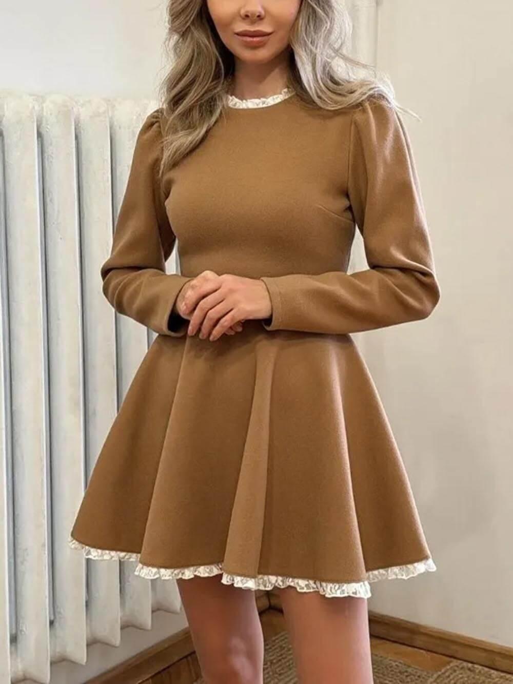Aurohaya Elegant Lace Panel High Waist Long Sleeve Mini Dress