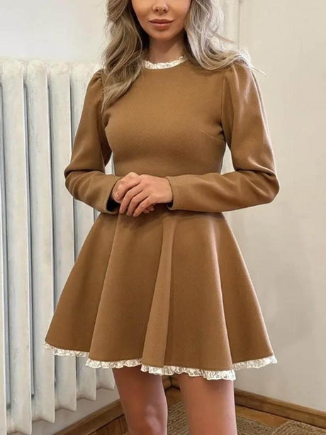 Aurohaya Elegant Lace Panel High Waist Long Sleeve Mini Dress