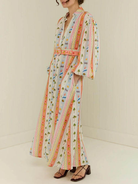 Aurohaya Unique Personalized Printed Casual Linen Cardigan Maxi Dress