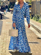 Aurohaya Fashion Print Lapel Waist Midi Dress Blue