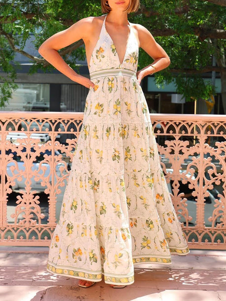 Aurohaya Unique Backless Deep V-Neck Lemon Print Maxi Dress