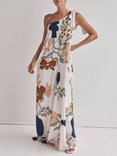 Aurohaya Unique Print One Shoulder Tie-up Pocketed Loose Maxi Dress White