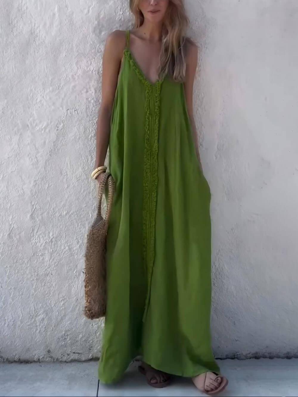 Aurohaya Modern Unique Lace Decoration V-Neck Suspender Maxi Dress Green