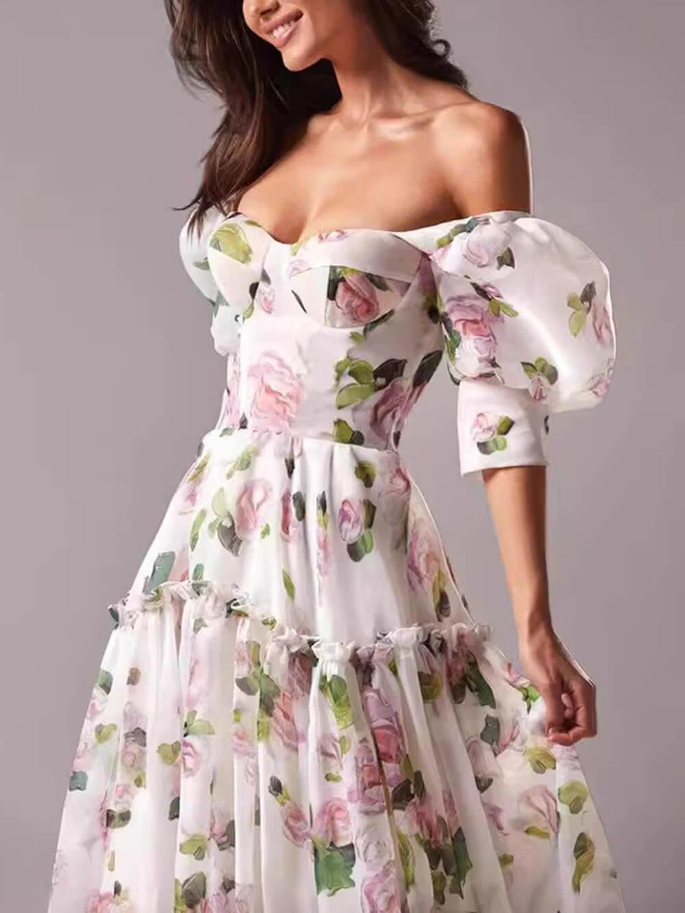 Aurohaya Elegant And Fashionable Off-Shoulder Printed Organza Evening Gown Maxi Dress