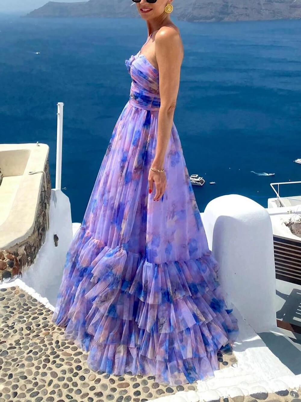 Aurohaya Elegant Floral Print Chiffon Layered Halter Maxi Dress