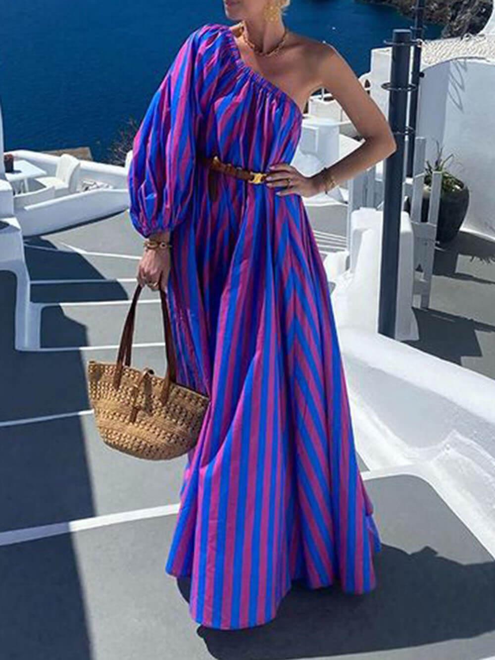 Aurohaya Fashionable Striped Off-Shoulder Holiday Maxi Dress