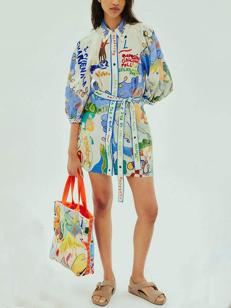 Aurohaya Unique Linen Print Cardigan Lace-Up Mini Dress