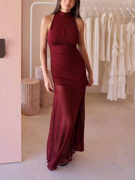 Aurohaya Fresh Style Mesh Paneled Pleated Bow Tie Maxi Dress Burgundy
