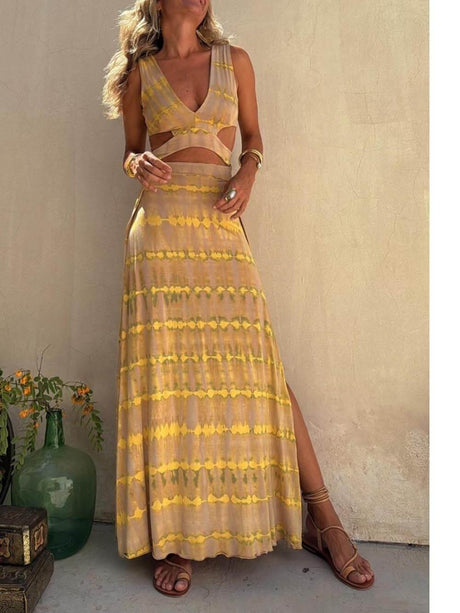 Aurohaya Unique Tie-dye Print Cutout Design Slit Stretch Dress Yellow